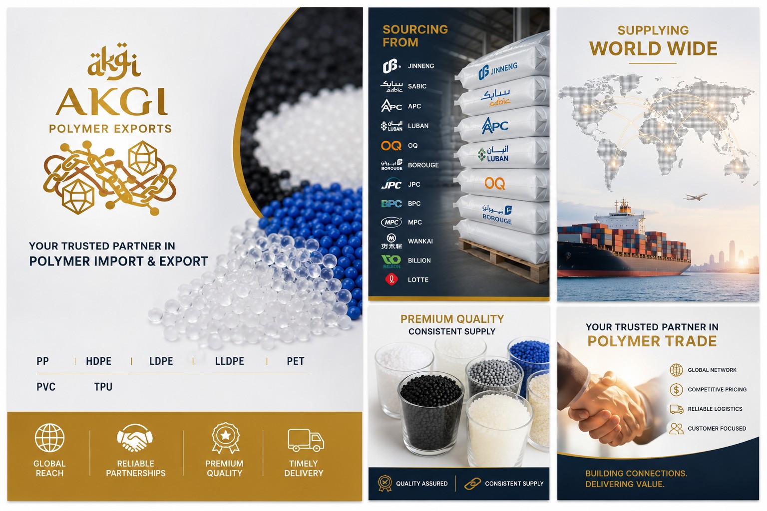AKGI Polymers export banner featuring plastic pellets and global shipping